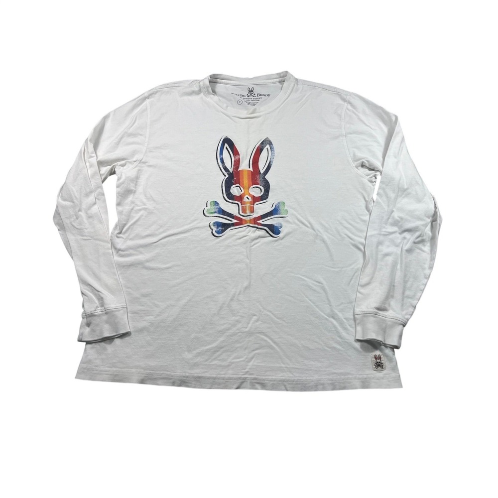 Psycho Bunny White Long Sleeve Graphic Tee Multicolor Bunny Logo Size 7/L
